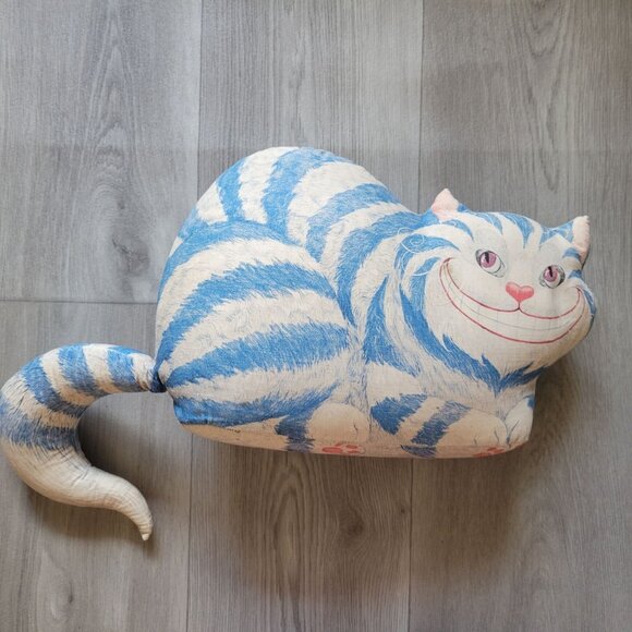 Cheshire Cat Plush Pillow Blue & Cream Striped Design With Curved Tail 18" Long - Picture 1 of 10